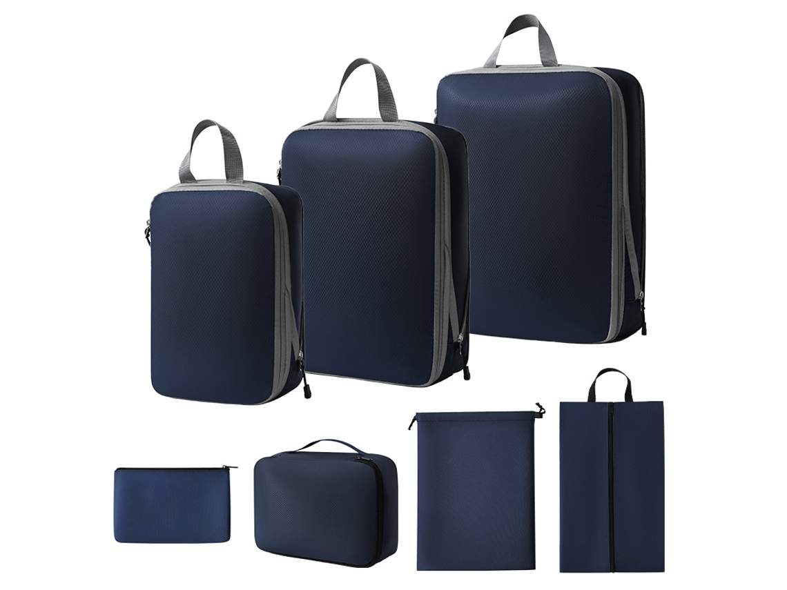 Bolsa de almacenamiento de compresión, juego de 7 piezas, bolsa de almacenamiento de viaje ligera, color azul marino y dorado