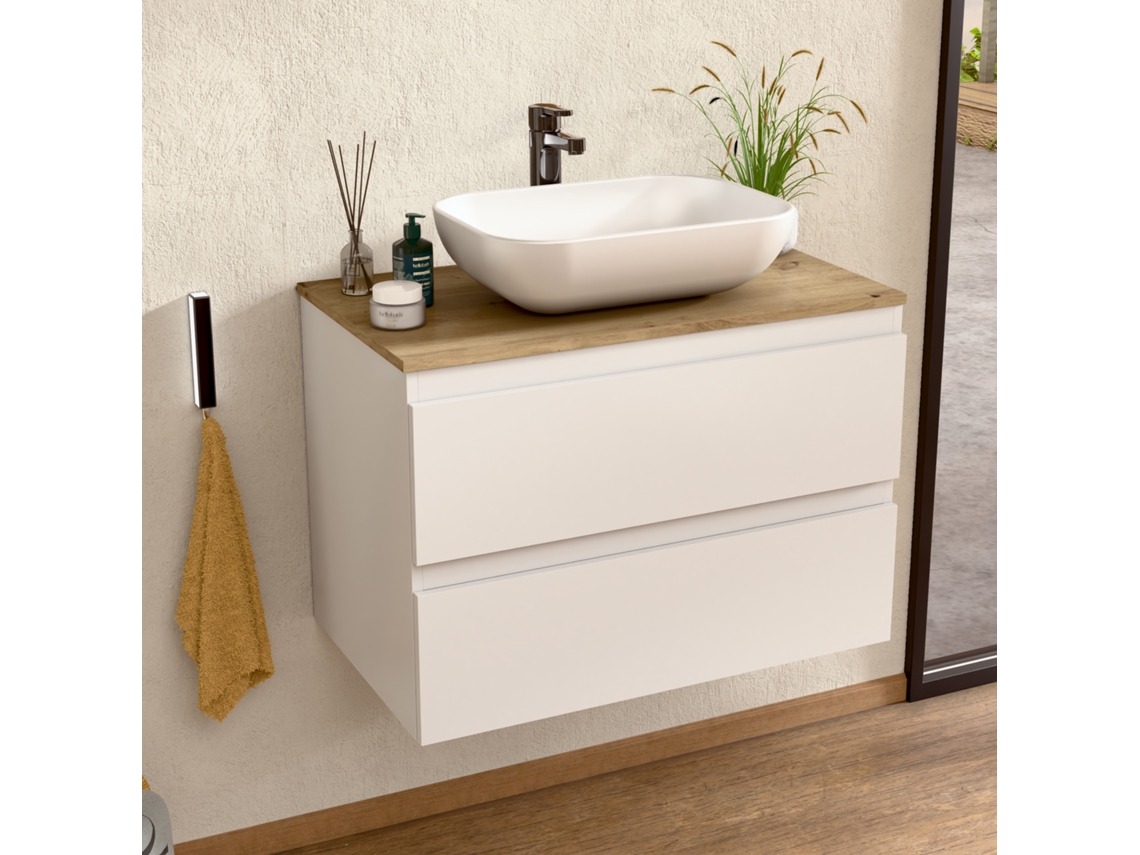 Mueble de lavabo con lavabo de cerámica, mueble montado con 2 cajones, 60 x 55 x 46 cm, mueble blanco y encimera de roble Bellobath.
