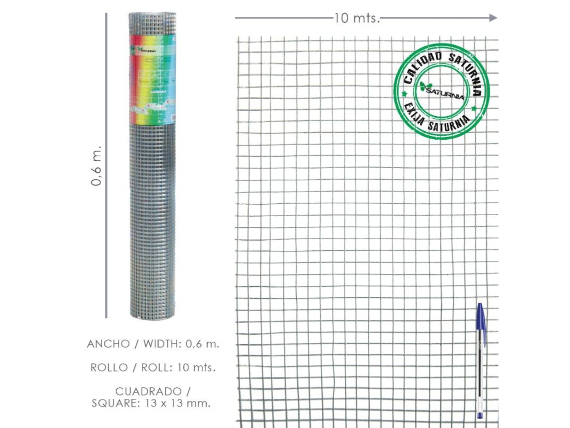 Malla Electrosoldada Ligera Galvanizada 13x13 Alto 60 cm Rollo 10 Metros Uso Domestico SATURNIA