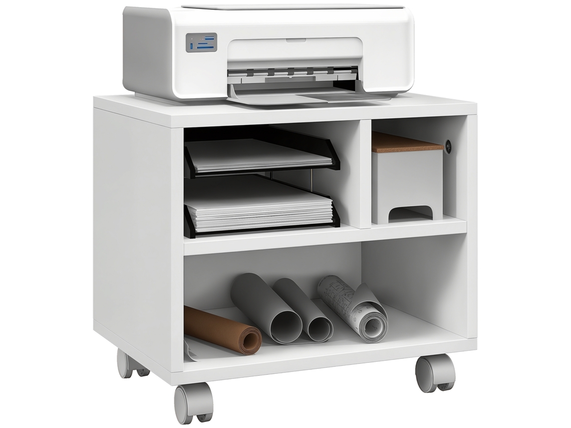 Soporte para impresora, unidad de almacenamiento de oficina, 4 compartimentos abiertos, 40 cm (ancho) x 30 cm (profundidad) x 36 cm (alto), blanco