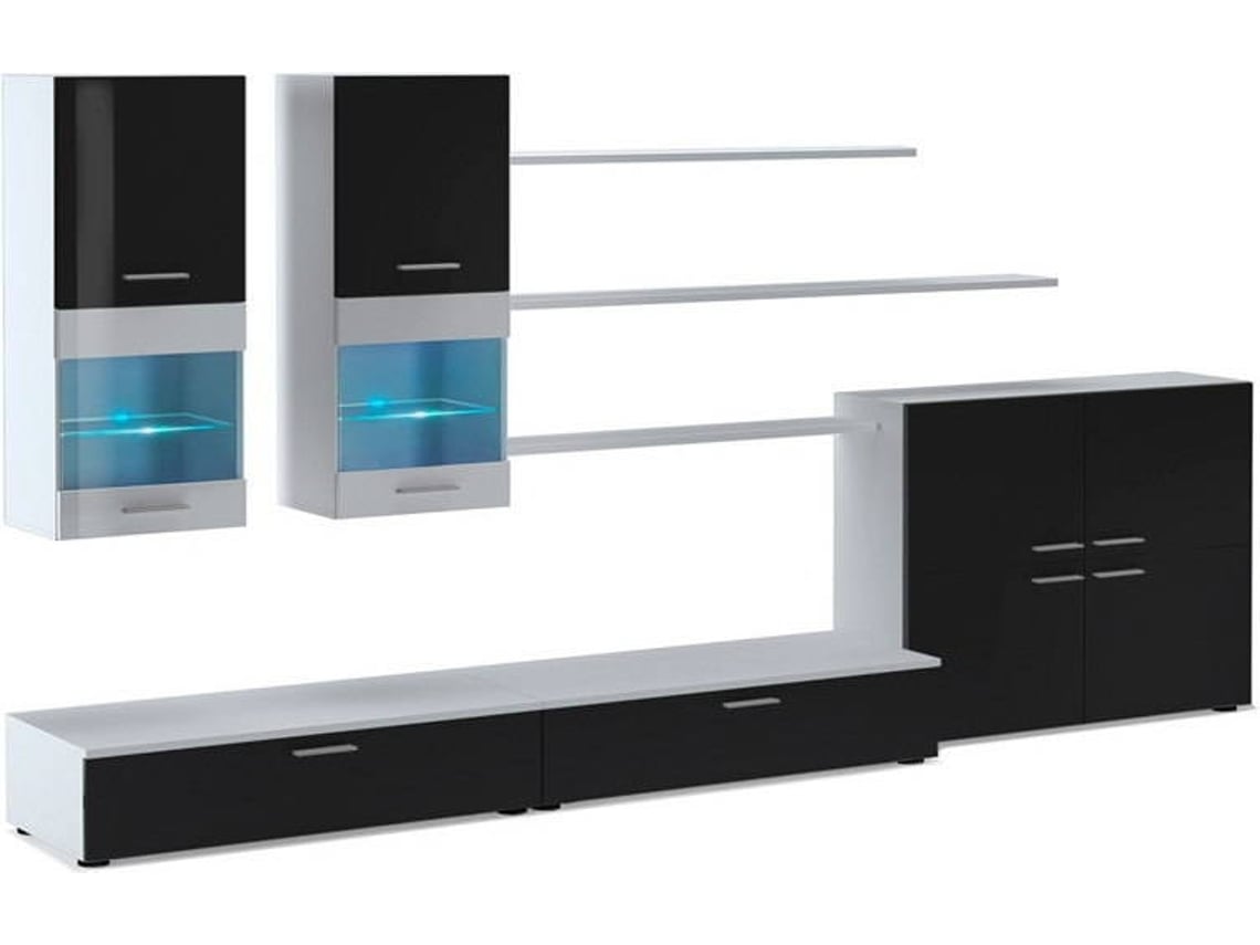 Mueble Comedor Moderno, Salón Con Luces Leds, Acabado En Negro Brillo Lacado Y Blanco Mate,  300x42x189cm