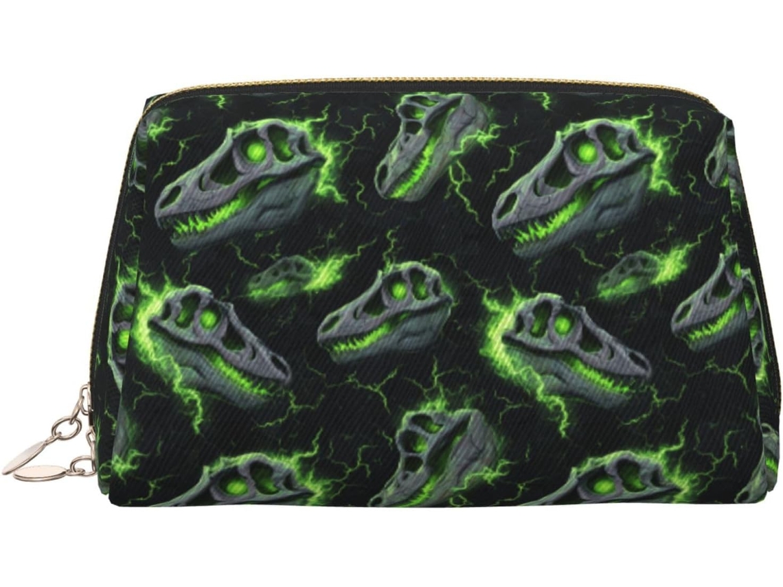 Neceser verde con estampado de calavera de dinosaurio, gran capacidad.