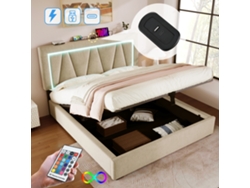 Cama Doble 160x200 Cm, Led Y Usb-c, Almacenamiento, Lino, Base Incluida, Colchón No Incluido.