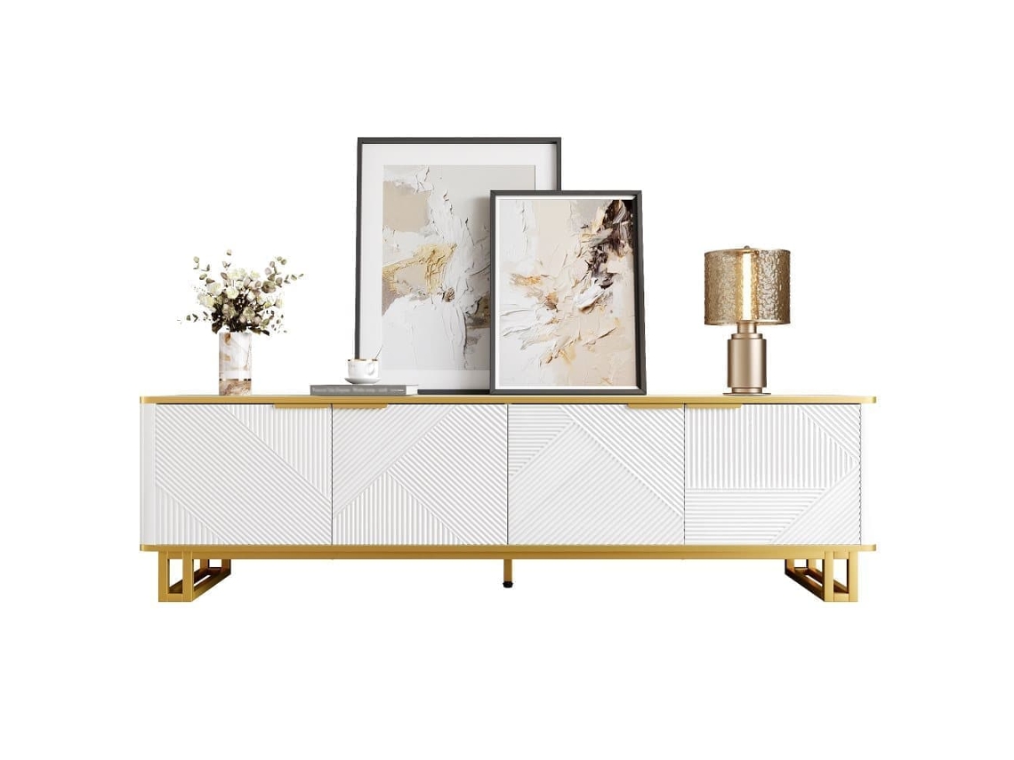 Mueble Tv 160x37,5 Cm - 4 Puertas, Textura Geométrica, Diseño Único - Blanco