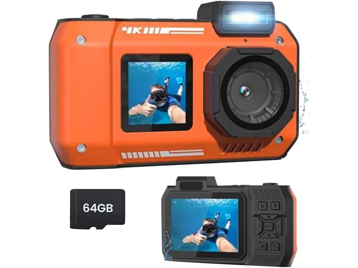 Cámara Subacuática 4k De 65 Mp Resistente Al Agua Con Tarjeta De 64 Gb, Para Snorkel, Enfoque Automático, Doble Selfie.