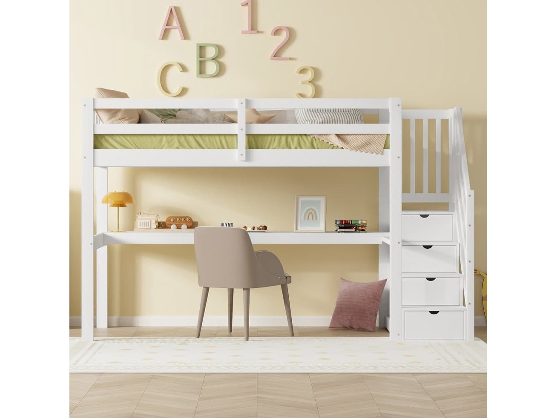 Cama Alta 90x200 Cm - Cama Infantil Con Cajones De Almacenamiento Y Escritorio Bajo La Cama - Blanco
