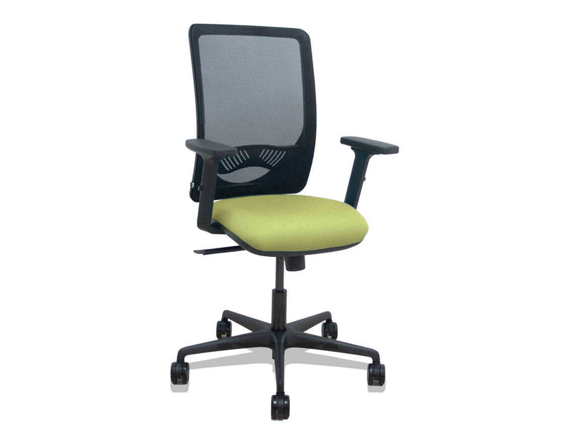 Silla de oficina Zulema con mecanismo sincronizado, tapizada en tela verde oliva y malla negra.