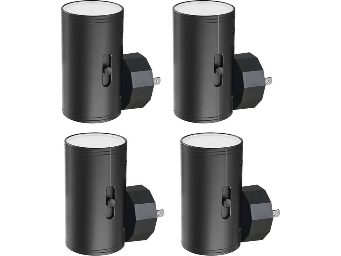 Paquete de 4 luces LED nocturnas, con enchufe de pared, sensor de anochecer a amanecer, luz blanca suave de 3000 K, luz ascendente y descendente (negro)
