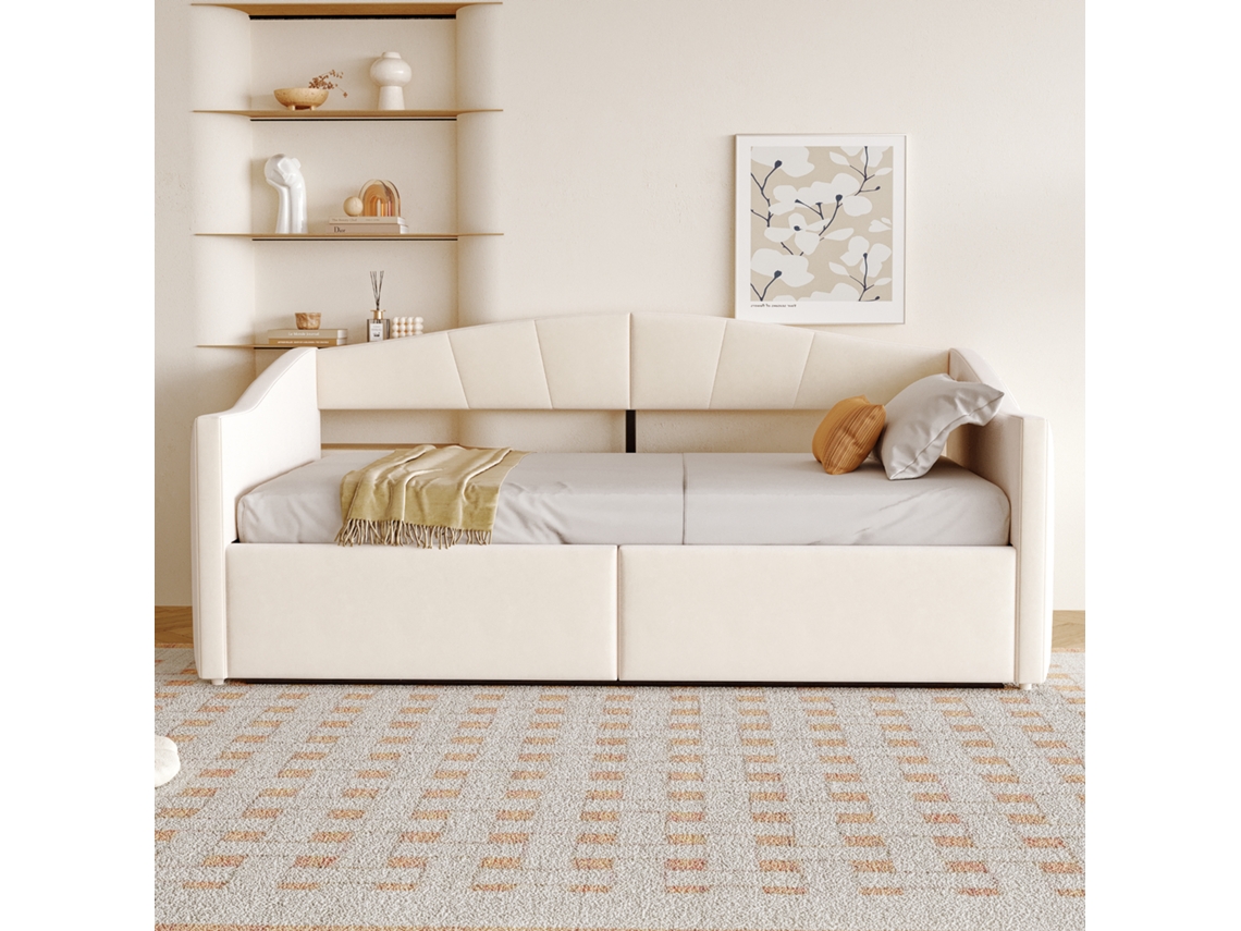 Canapé Cama Tapizado 90x200cm Con Almacenamiento Hidráulico, Reposabrazos, Rayas Clásicas, Terciopelo Beige