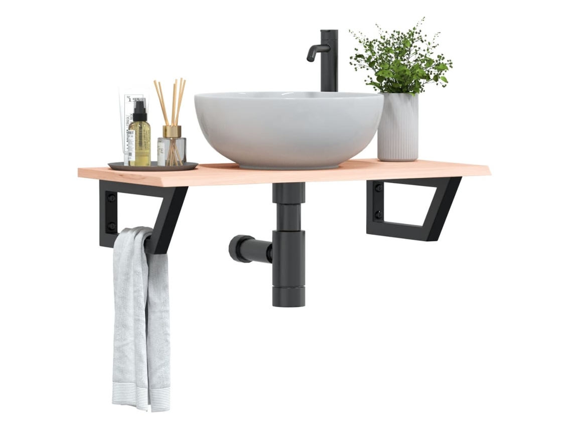 Estante De Lavabo De Pared | Estante Flotante De Acero Y Madera Maciza De Roble