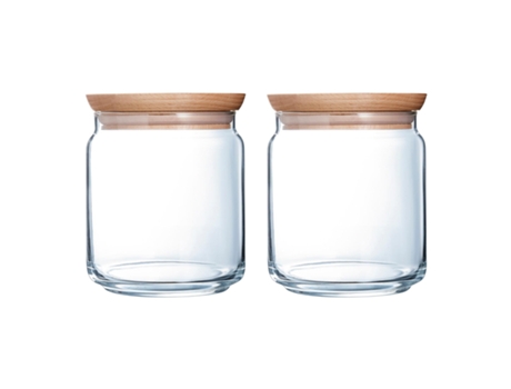 LUMINARC Pure Jar - Juego de 2 Botes Redondos de 0.75L en Vidrio con Tapa de Madera