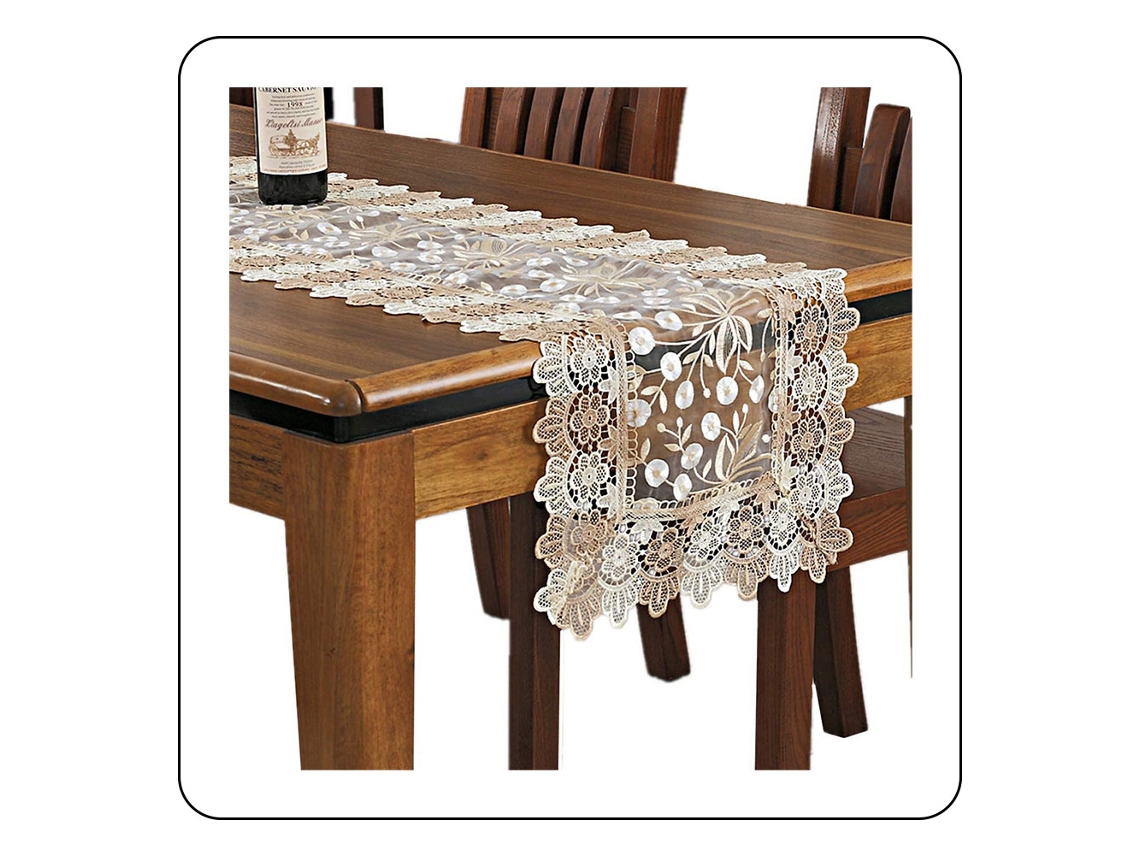 Mantel rectangular de poliéster con encaje bordado y estampado floral para decoración de comedor y mesa auxiliar.