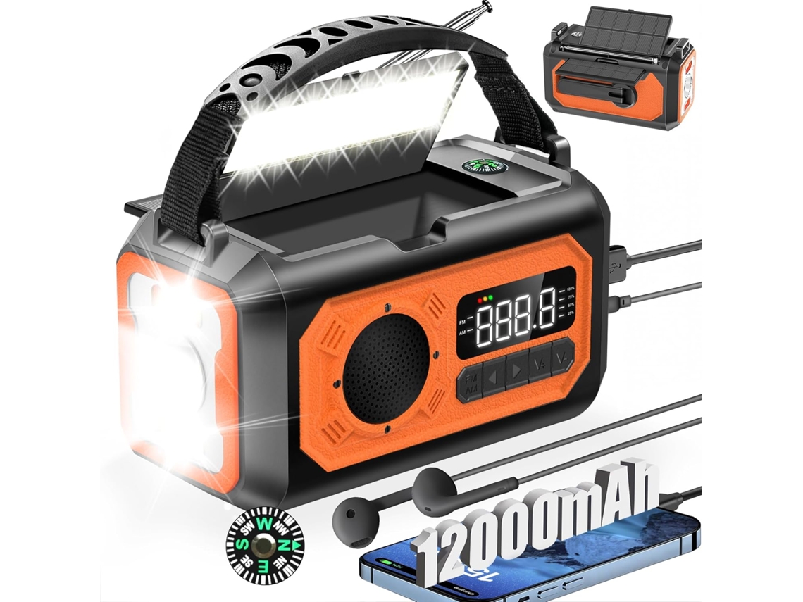 Radio solar, 2 paneles solares, cable USB, linterna, cargador de celular Zeuxo naranja