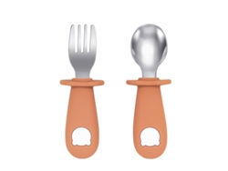 Juego de cubiertos para bebé (naranja), incluye cuchara y tenedor de acero inoxidable, libre de BPA.