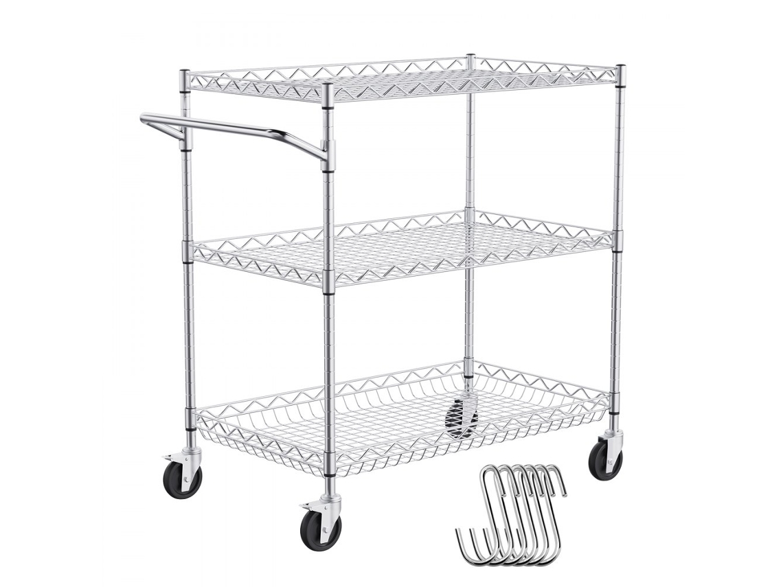 Carro de cocina de 3 niveles en acero cromado, capacidad 300kg.