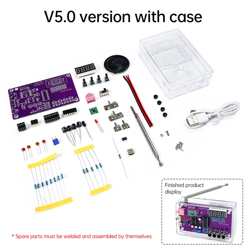 Kit electrónico de radio FM para armar, frecuencia ajustable de 87 a 108 MHz, pantalla digital, proyecto de soldadura RDA5807S, con caja.