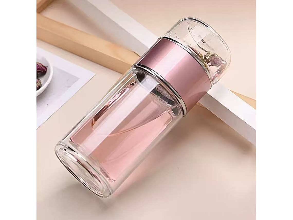Botella de agua de vidrio de borosilicato de 420 ml con filtro y vaso de doble pared. Mdug (rosa)