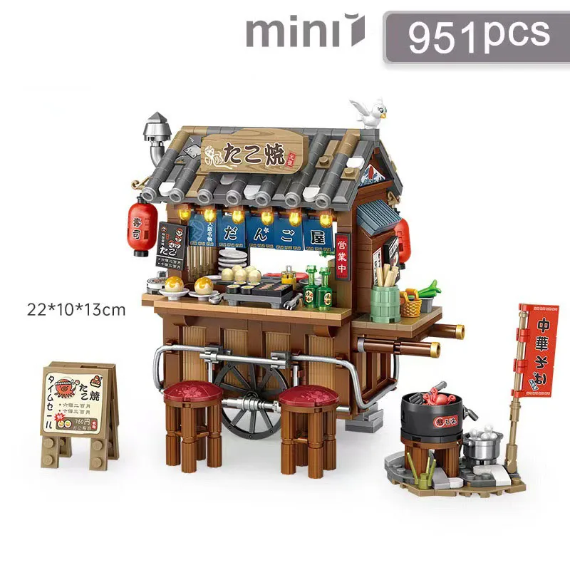 (Estilo japonés) Puesto de comida en la acera con vista nocturna, mini bloques, puesto de comida, bloques de construcción con vista a la calle, juguetes