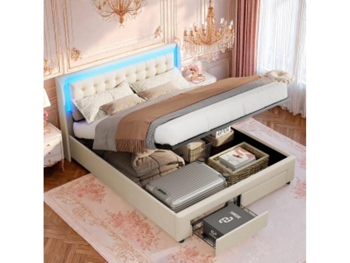 Cama 180x200 cm, con USB, Tipo C, LED y 2 cajones, estructura de madera en terciopelo Ycone (beige)