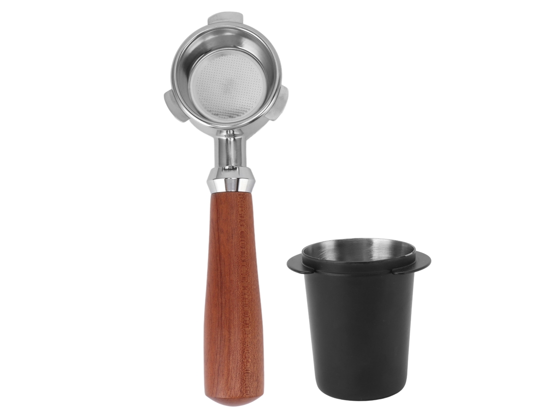 Portafiltro Sin Fondo De Acero Inoxidable Con Recipiente Para La Recogida De Polvo Y Mango De Caoba De 54 Mm.