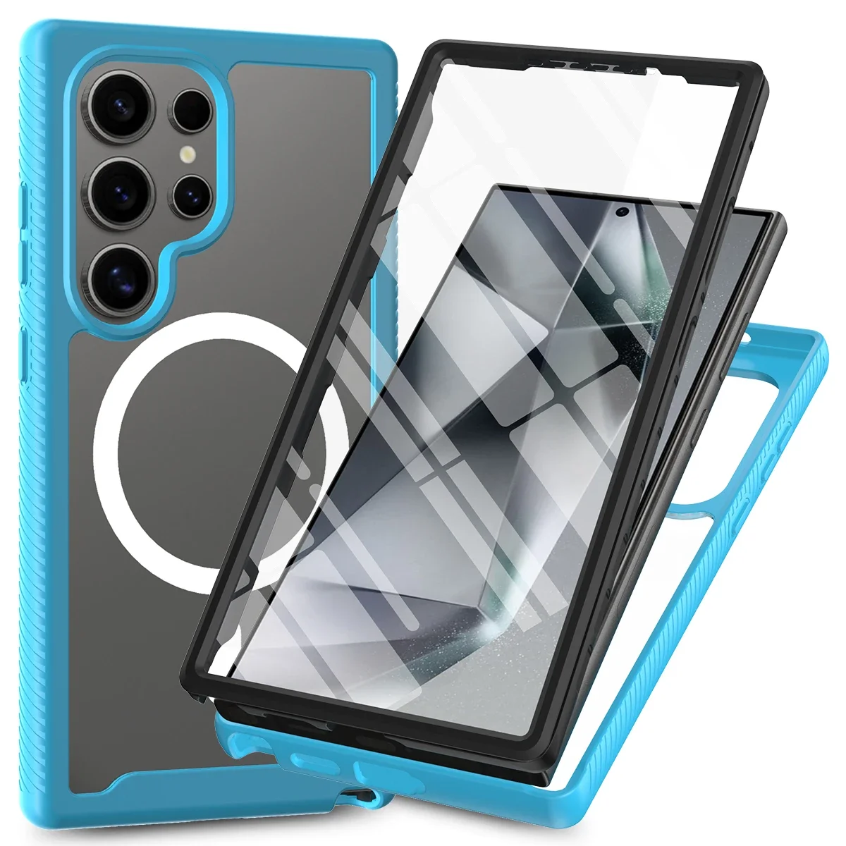 (azul Claro, Galaxy S23) Funda Protectora Transparente De 360° A Prueba De Golpes, Compatible Con Carga Magnética, Incluye Protector De Pantalla.
