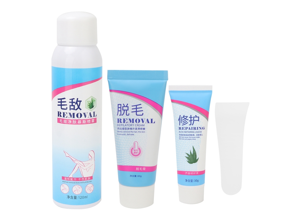 Kit de crema depilatoria, gel reparador para axilas, brazos y piernas.