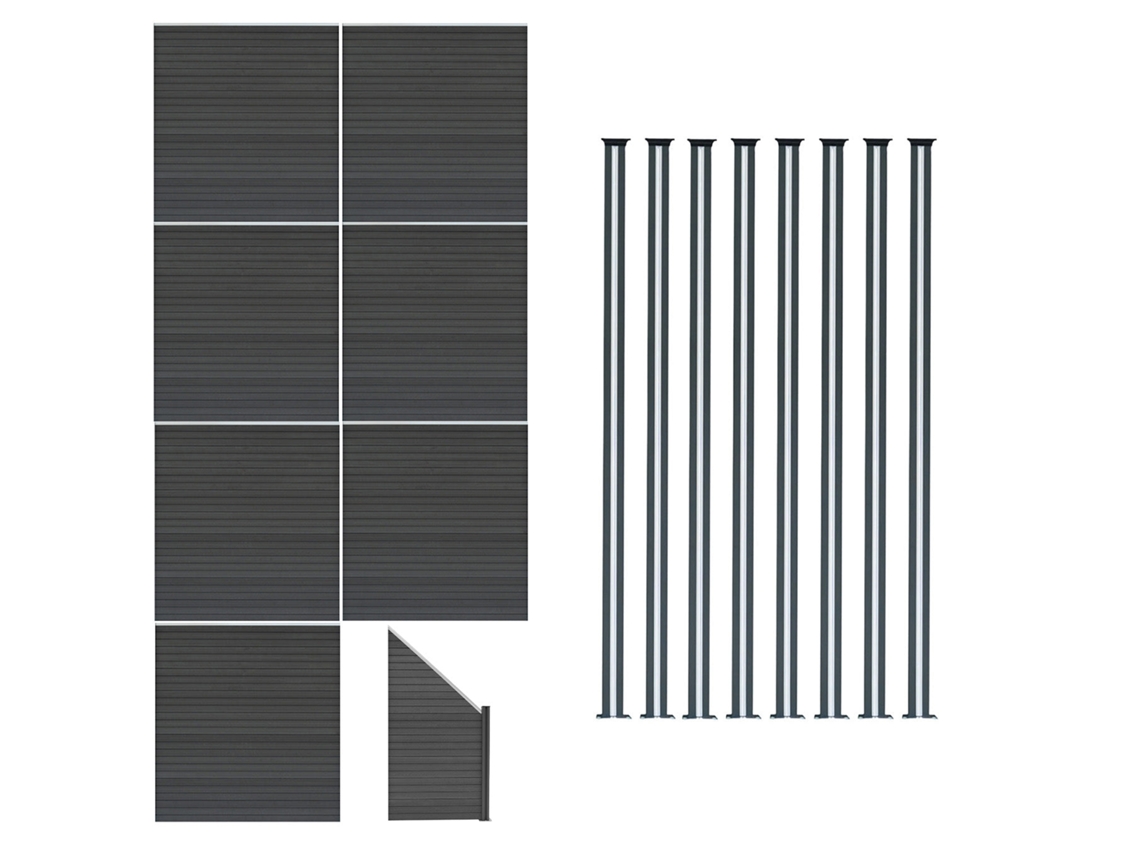 Valla exterior WPC 185 x 1311 cm | Gris | 7 paneles rectos, 1 panel oblicuo y 8 postes con LED solar | Panel de doble cara | Monstershop