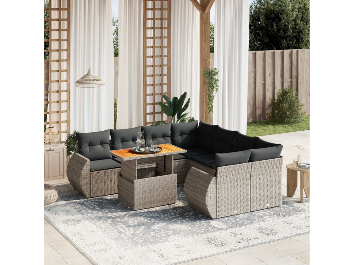 Conjunto de sofá de jardín de 9 piezas con cojines, mimbre gris, DKD Home Decor