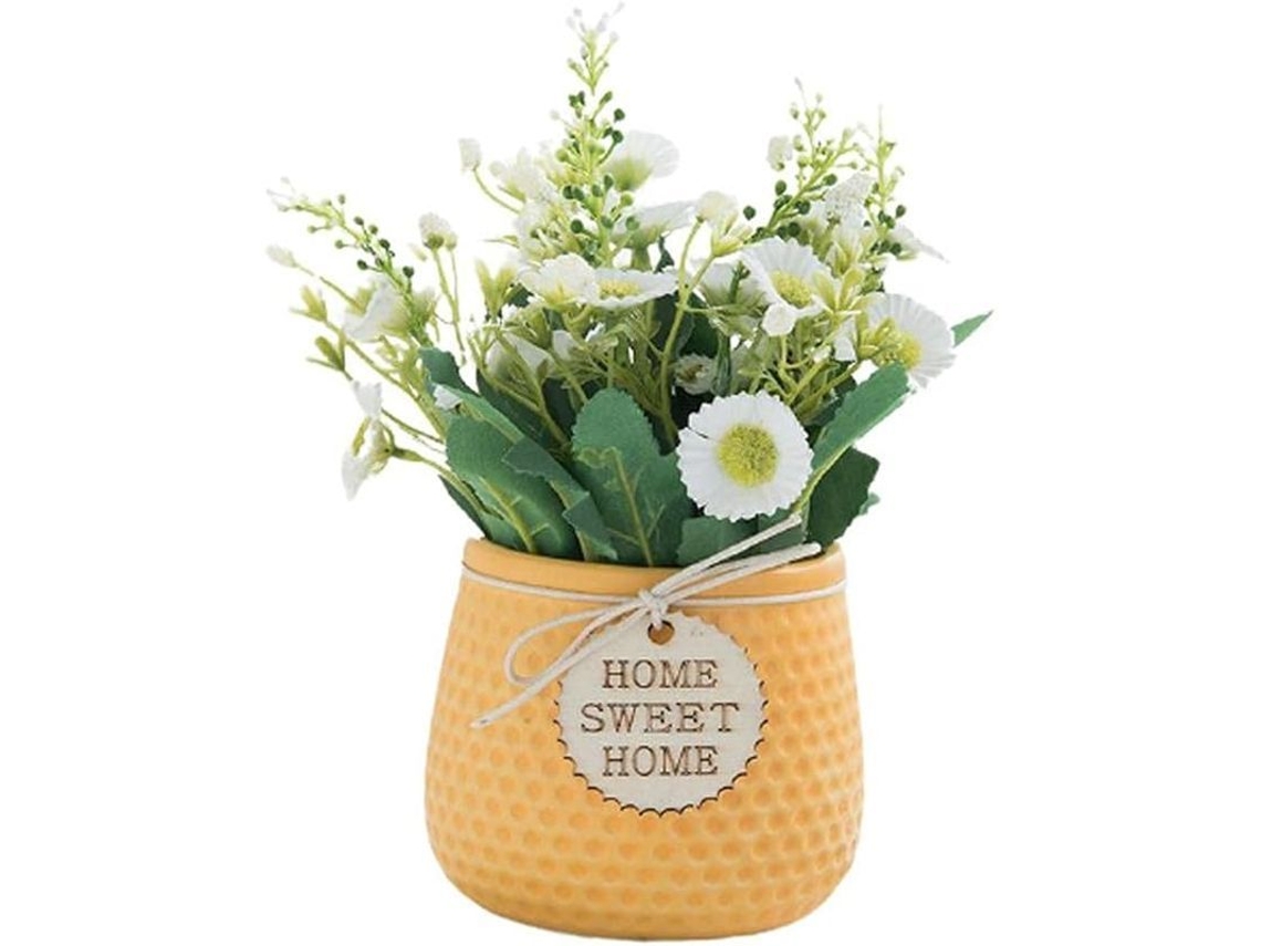 Planta Artificial Margarida Amarela com Vaso Cerâmico para Decoração de Mesa Indoor e Outdoor
