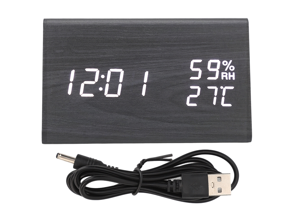 Reloj despertador digital de madera negra con control por voz y LED triangular