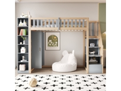 Cama Alta Multifuncional 90x200 Cm - Con Estantes, Armario Y Escalera De Seguridad - Gris + Madera Natural