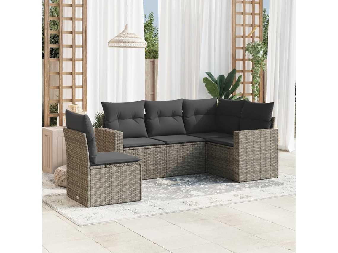 Conjunto de sofá de jardín de 5 piezas con cojines, ratán gris, DKD Home Decor