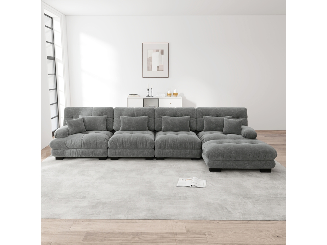 Sofá modular de 4 plazas en forma de L con puf móvil y combinación DIY, chenilla gris, Mobrio.