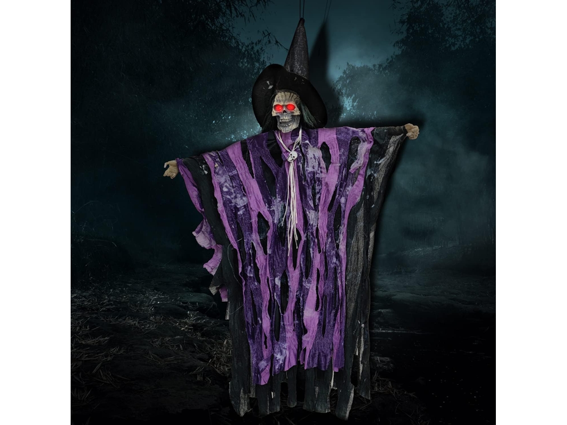 Decoración animada de Halloween con ojos iluminados, accesorio de casa embrujada activado por sonido para estatua de jardín, bruja animada aterradora