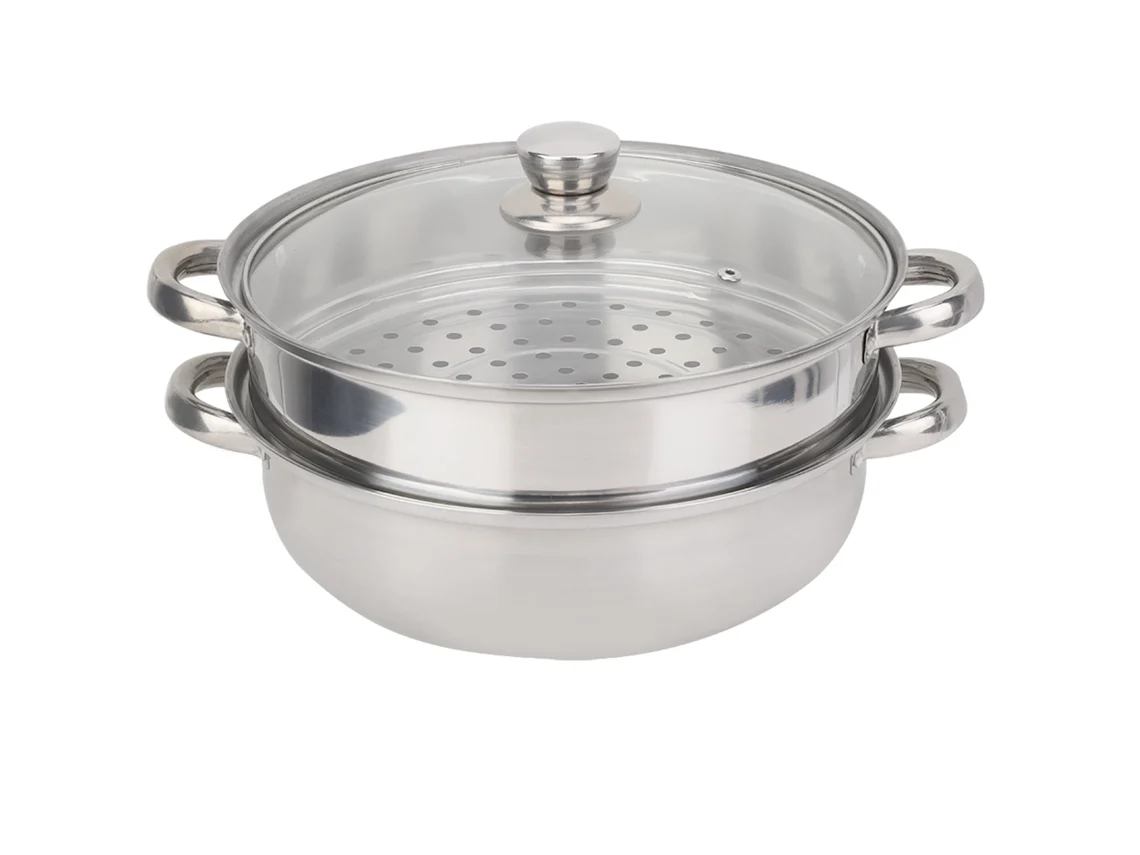 Olla vaporera de acero inoxidable de 27 cm con tapa de vidrio (sin marca)