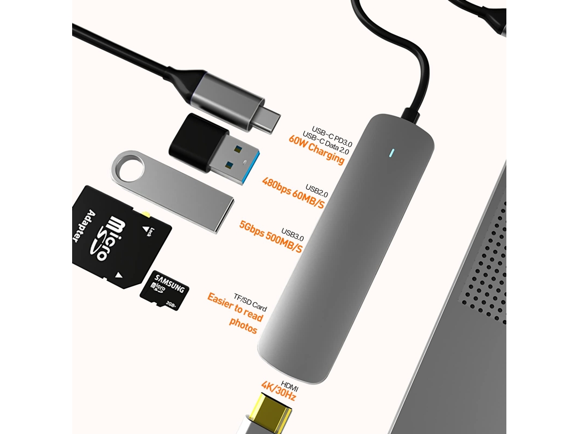 HUB USB C, Adaptador Dongle USB C 6 en 1 con conexión USB 3.0, 4K-HDMI, conexión USB C/PD, lector de tarjetas SD/TF, estación de acoplamiento CHRONUS