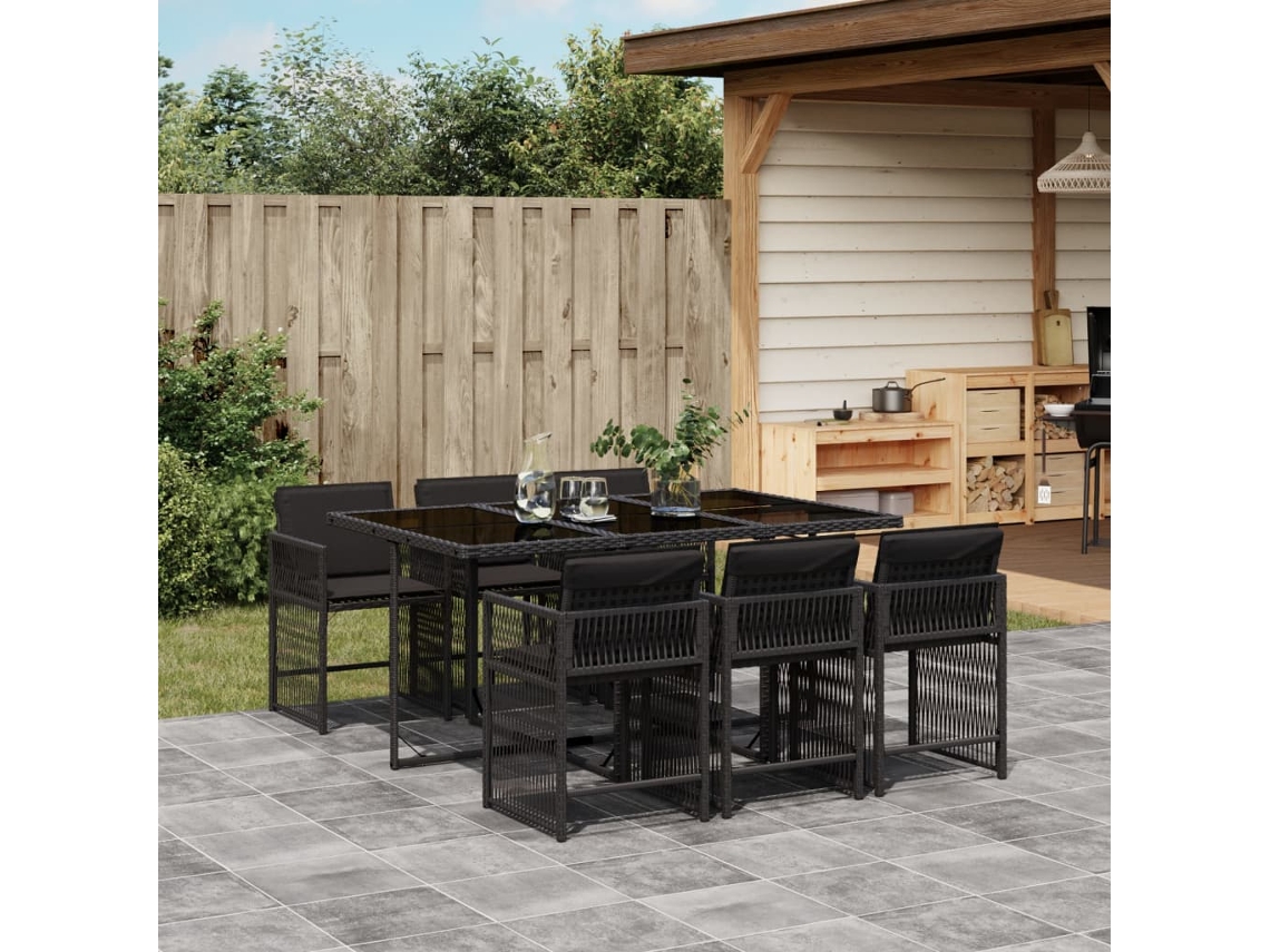 Juego de comedor de jardín de 7 piezas con cojines, mimbre sintético negro, DKD Home Decor