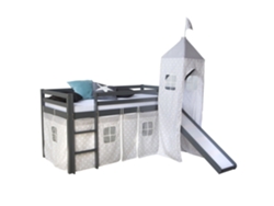 Cama Alta De 90x200 Cm Con Escalera Y Tobogán De Madera Gris Tela Con Estampado De Estrellas Lit06175