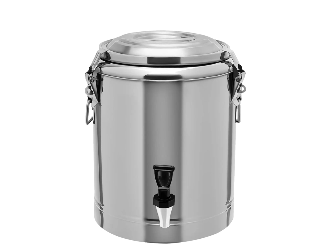 Contenedor isotérmico, capacidad de 14 litros, acero inoxidable duradero, color plata.