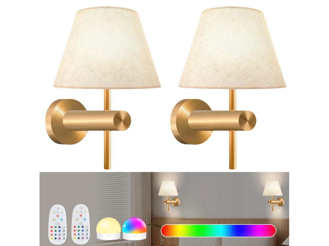 Aplique LED de pared inalámbrico y recargable, con batería RGB de 12 colores y control remoto. Mdug (juego de 2 piezas dorado)