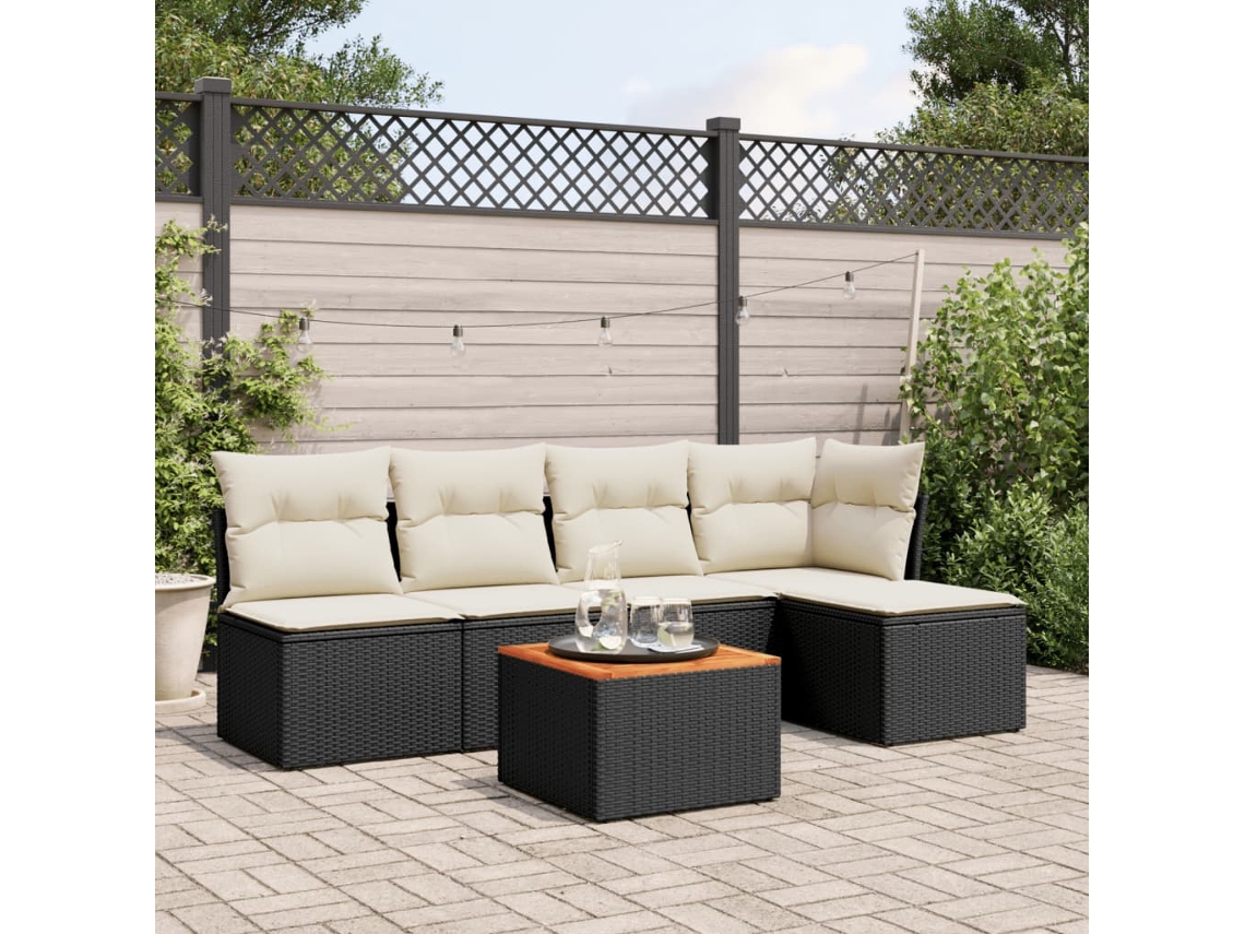 Conjunto de sofá de jardín de 6 piezas con cojines de ratán negro Lovely Home