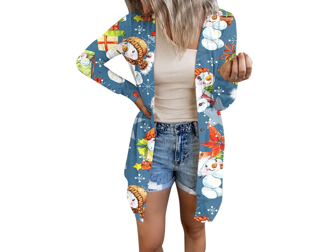 Blusa Rebe-coat para mujer, modelo 6S, con estampado navideño, mangas largas y abertura frontal, ideal para Halloween. Talla única.