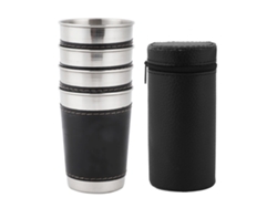 Juego De 4 Mini Tazas Portátiles De Acero Inoxidable Para Vino O Café Con Tapa De Cuero, 170 Ml.