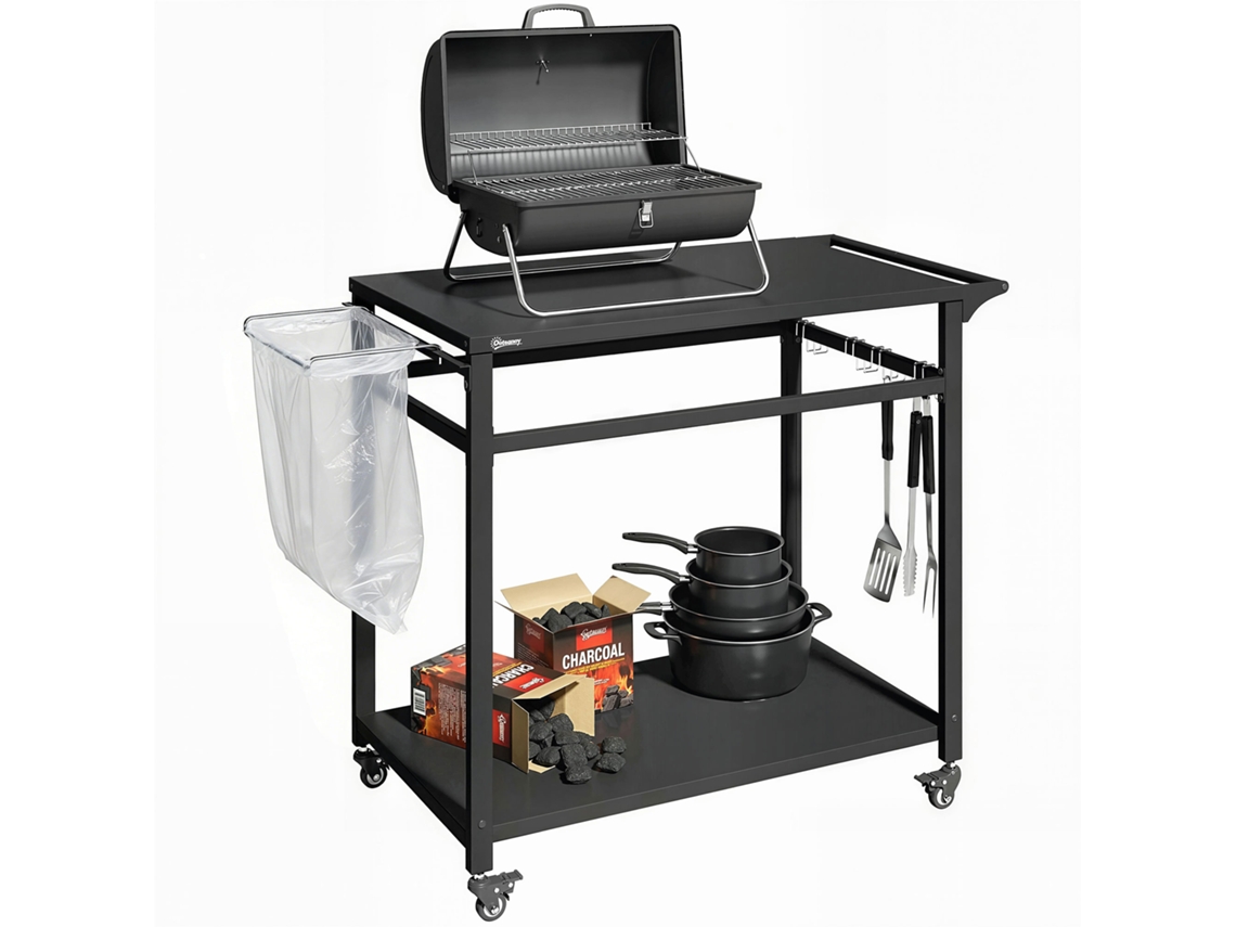 Carrito de cocina con ruedas, 2 niveles, soporte para cubo de basura, ganchos, asas, 113 x 50,5 x 88 cm, negro.