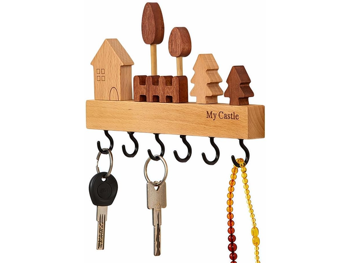 Porta-chaves De Parede Em Madeira Com 6 Ganchos E Prateleiras - 23,5x13,5 Cm - Tommy01