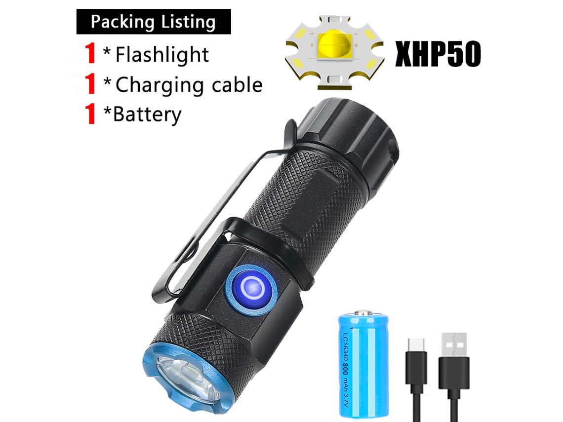 Mini linterna P50 superbrillante con clip de bolsillo e imán trasero, batería 16340, recargable por USB para emergencias. Aeuzwr