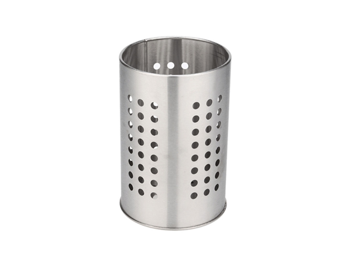 Soporte de acero inoxidable para utensilios de cocina con orificios para palillos, cepillos y almacenamiento, de marca reconocida.