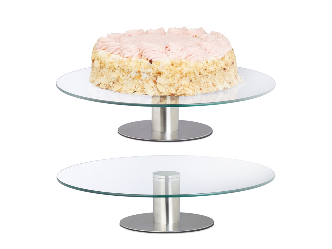 Relaxdays 2 Platos Giratorio De Cristal Para Tartas, Soporte Pasteles, Cupcakes, Expositor Pie Acero, 30cm, Transparente