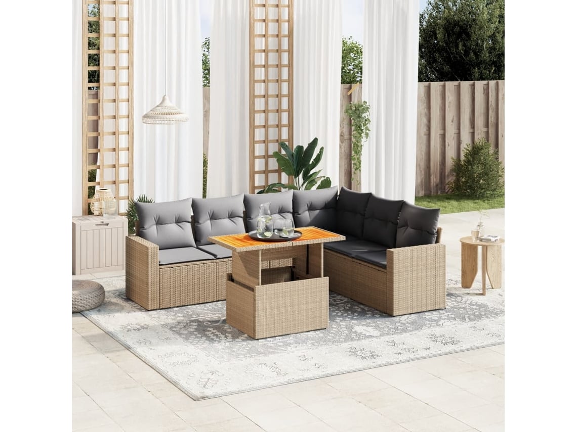 Conjunto de sofá de jardín de 7 piezas con cojines, mimbre sintético beige, Dkd Home Decor
