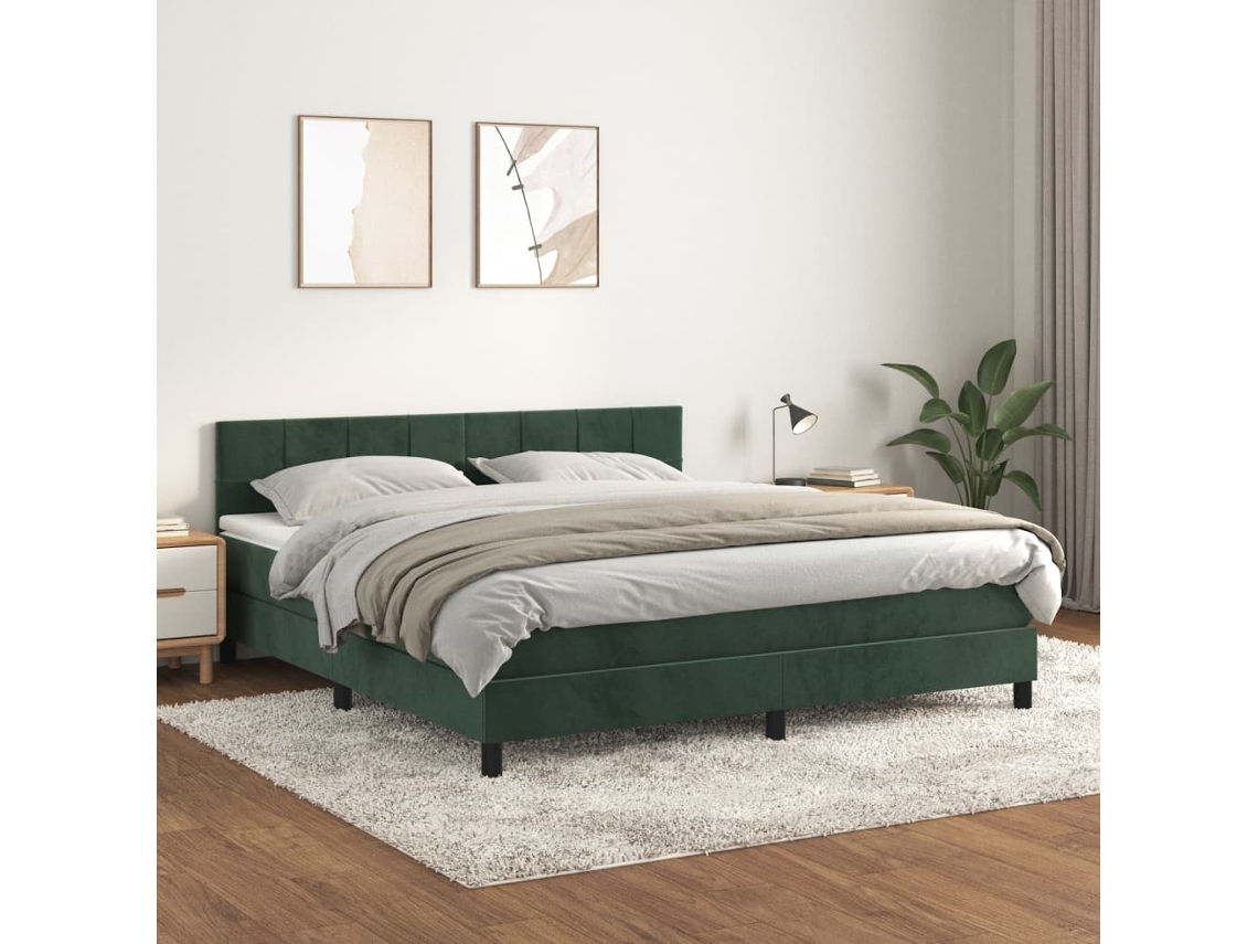 Cama Box Spring Con Colchón Terciopelo Verde Oscuro 160x200 Cm